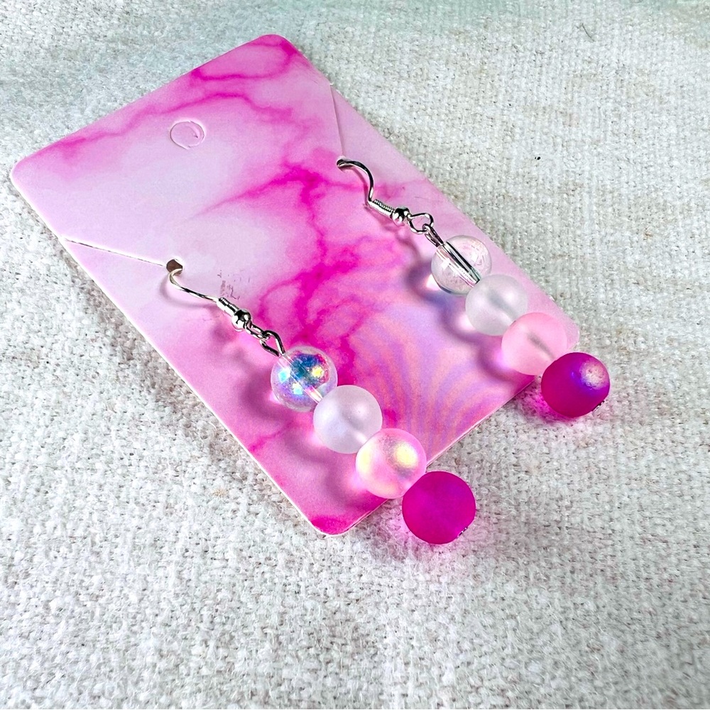 Dangle Drop Pink Clear Ombré Glass Beaded Earrings Silver 925 Sterling Silver